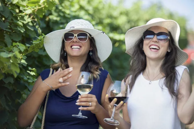 Two cheerful women laughing and drinking wine in vineyard 000073036933 Large