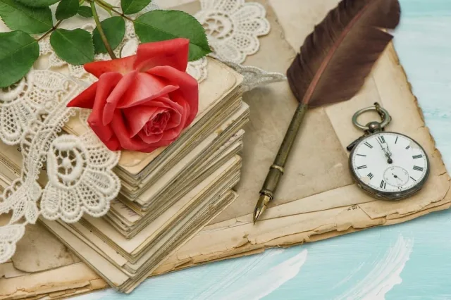 Old love letters lace and red rose flower 000087174287 Medium